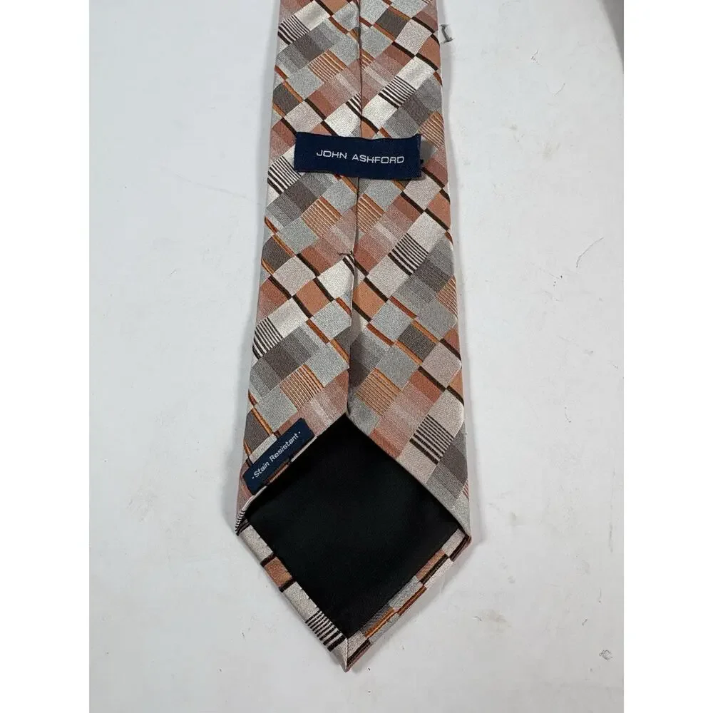 John Ashford Silk Blend Geometric Plaid Neck Tie Tan Gray Brown Stain Resistant